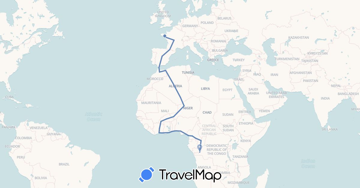 TravelMap itinerary: driving, cycling in Burkina Faso, Benin, Republic of the Congo, Côte d'Ivoire, Cameroon, Algeria, Spain, France, Ghana, Morocco, Niger, Nigeria, Togo (Africa, Europe)